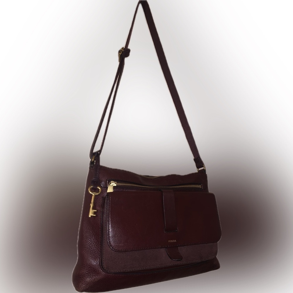 Fossil Kinley Leather Crossbody Pebbled Suede Flap Messenger Bag w Key Burgundy